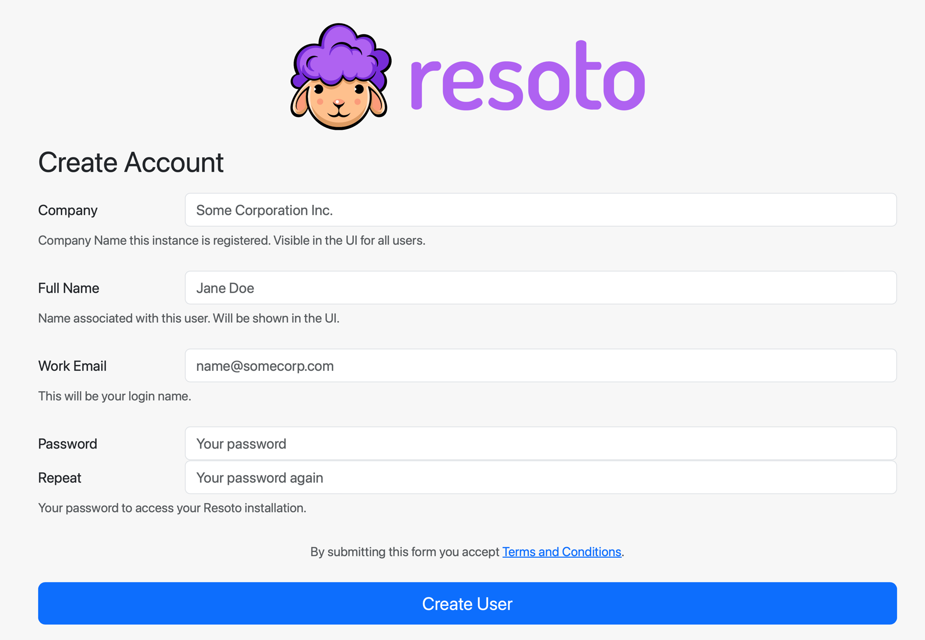 Screenshot of Resoto account creation form