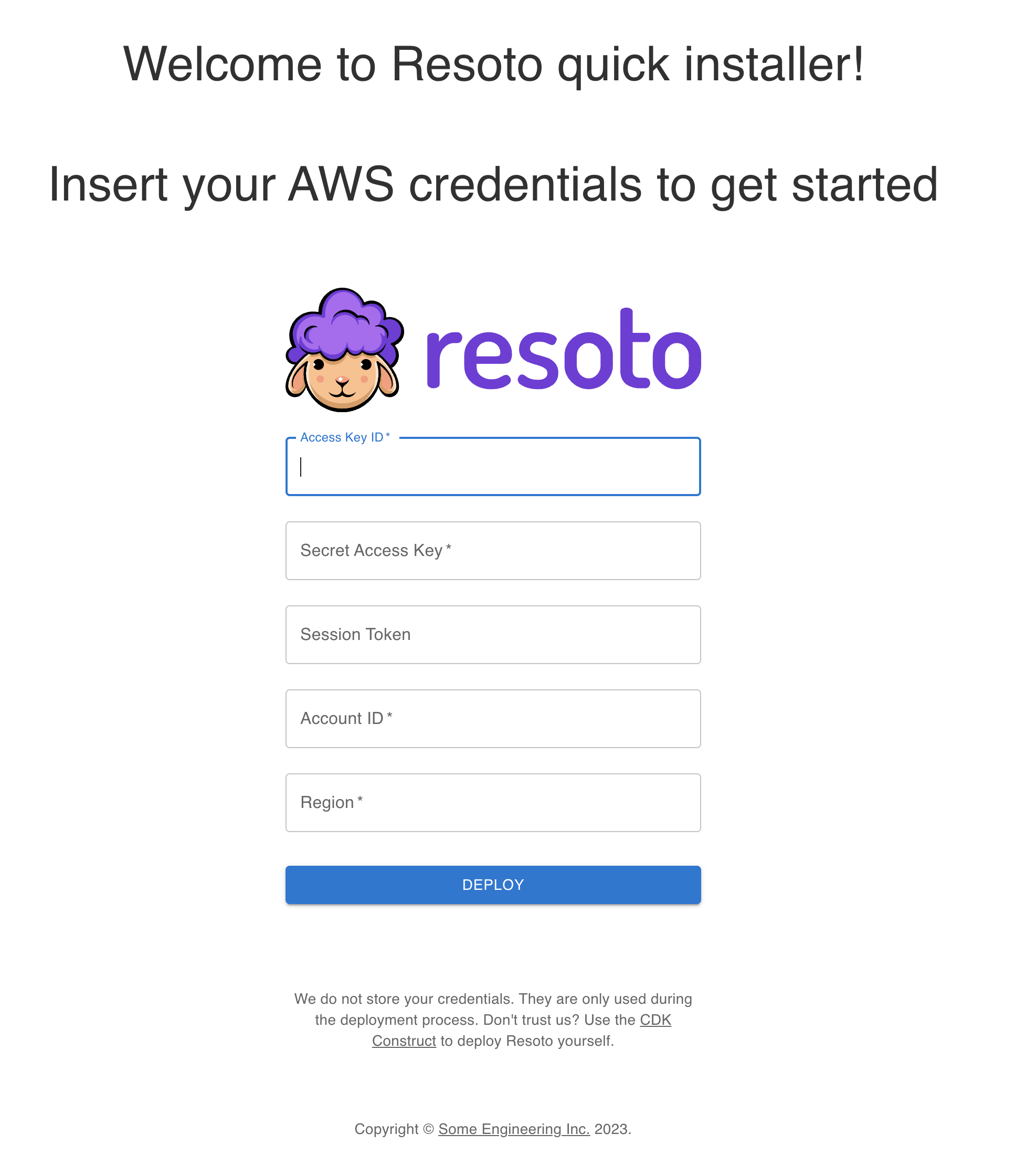 Screenshot of Resoto web installer credentials form