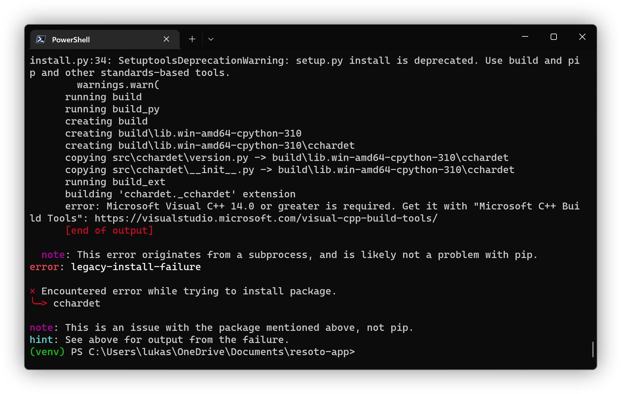 Screenshot of Build Tools error message