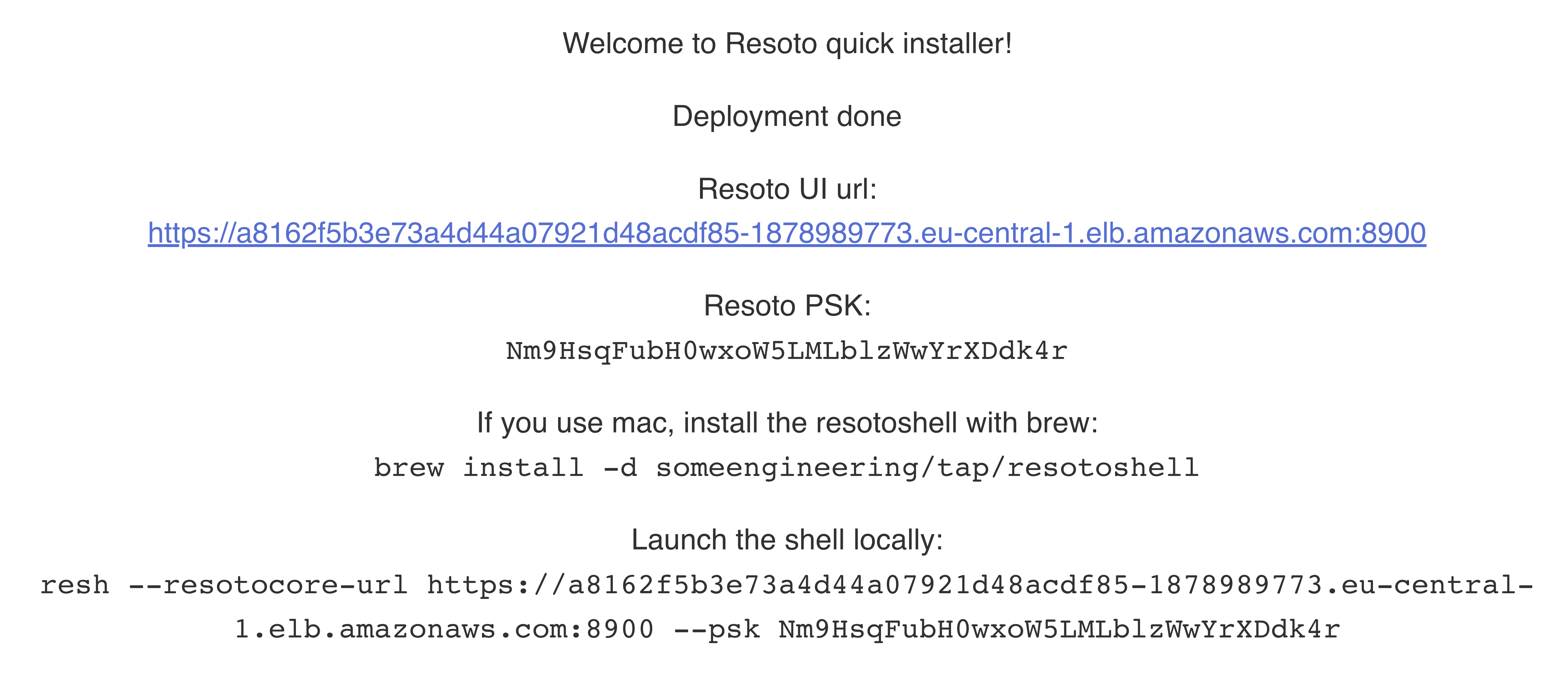 Screenshot of Resoto web installer after deployment completes