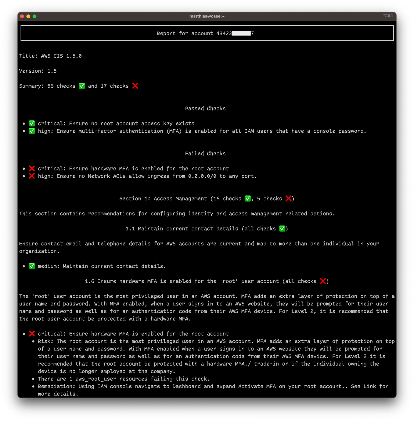 Screenshot of security benchmark report in Resoto CLI