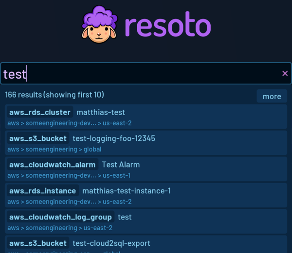 Screenshot of Resoto UI search