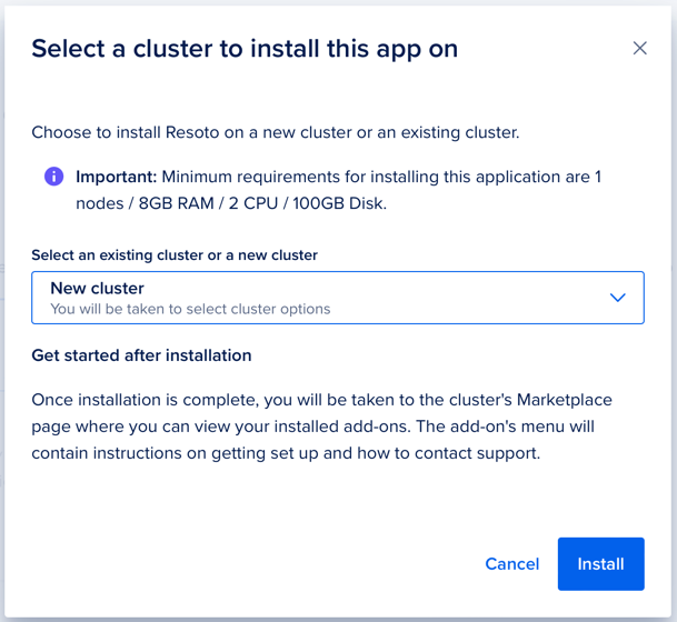 Screenshot of cluster selection modal