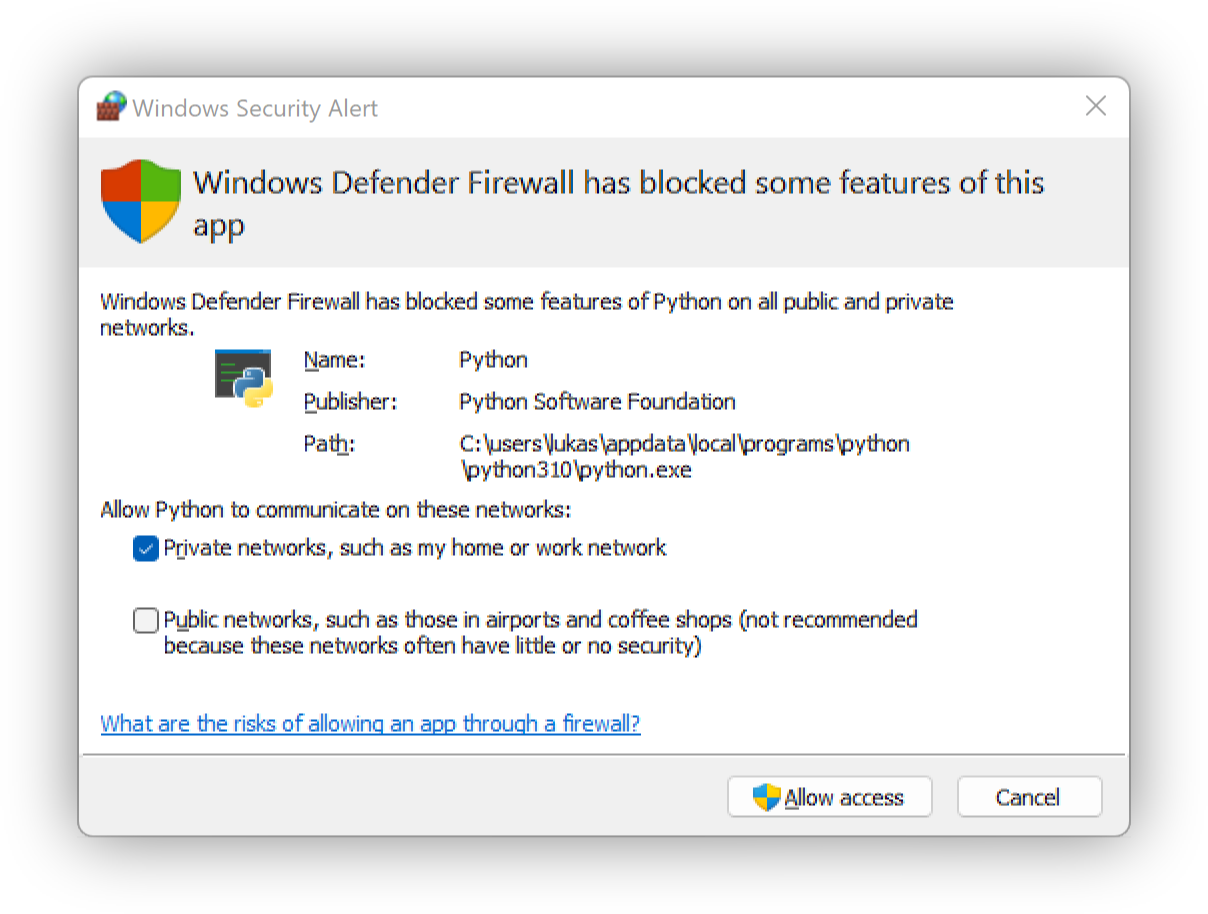 Windows Defender Firewall alert